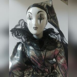 Harlequin Porcelain Doll with Black and Silver Costume